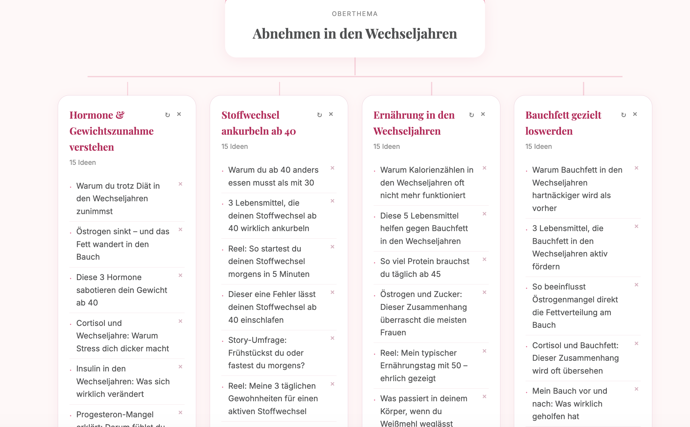 Beispiel einer fertigen Content Map zum Thema Abnehmen in den Wechseljahren