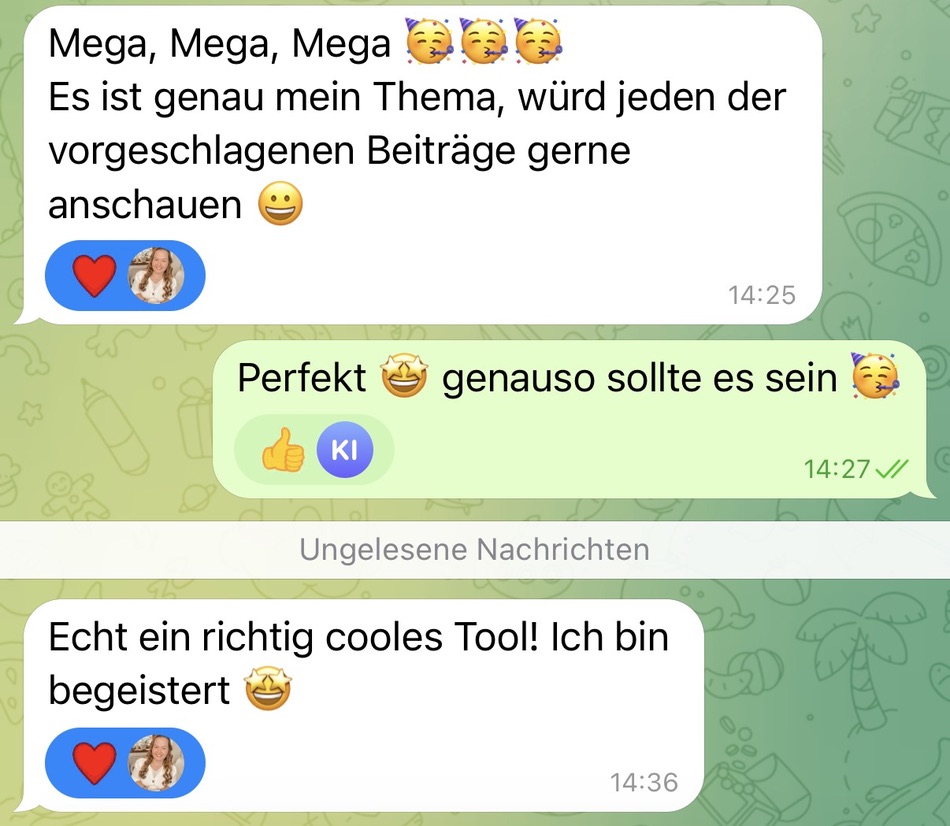 Kundenstimme zum Content Kompass mit Begeisterung über die vorgeschlagenen Beiträge